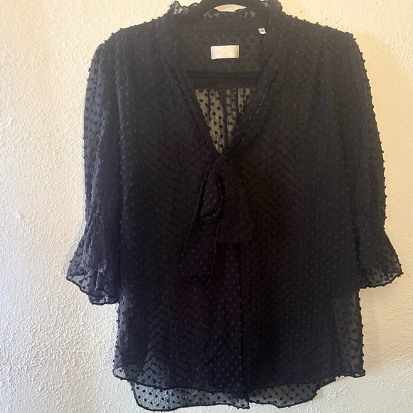 7 For All Mankind Tops - 7 For All Mankind Black Polka Dot Sheer Tie Neck Chiffon Boho Blouse Size L